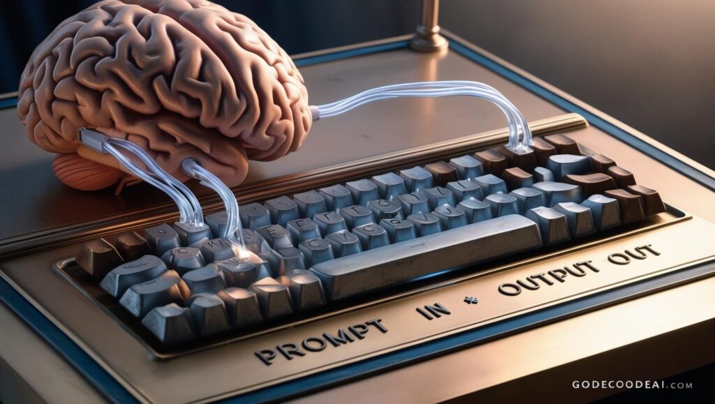 A brain connected to a keyboard labeled “PROMPT IN → OUTPUT OUT