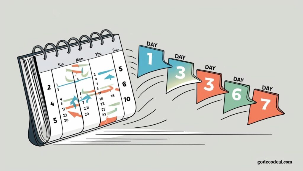 A calendar page flipping quickly from Day 1 to Day 7