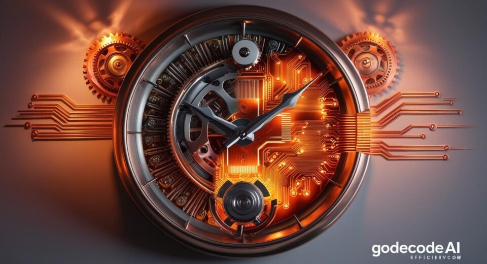 A clock turning into a circuit board (symbolizing time saved with AI)