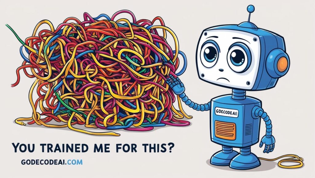 A confused AI looking at spaghetti code with the caption “You trained me for this