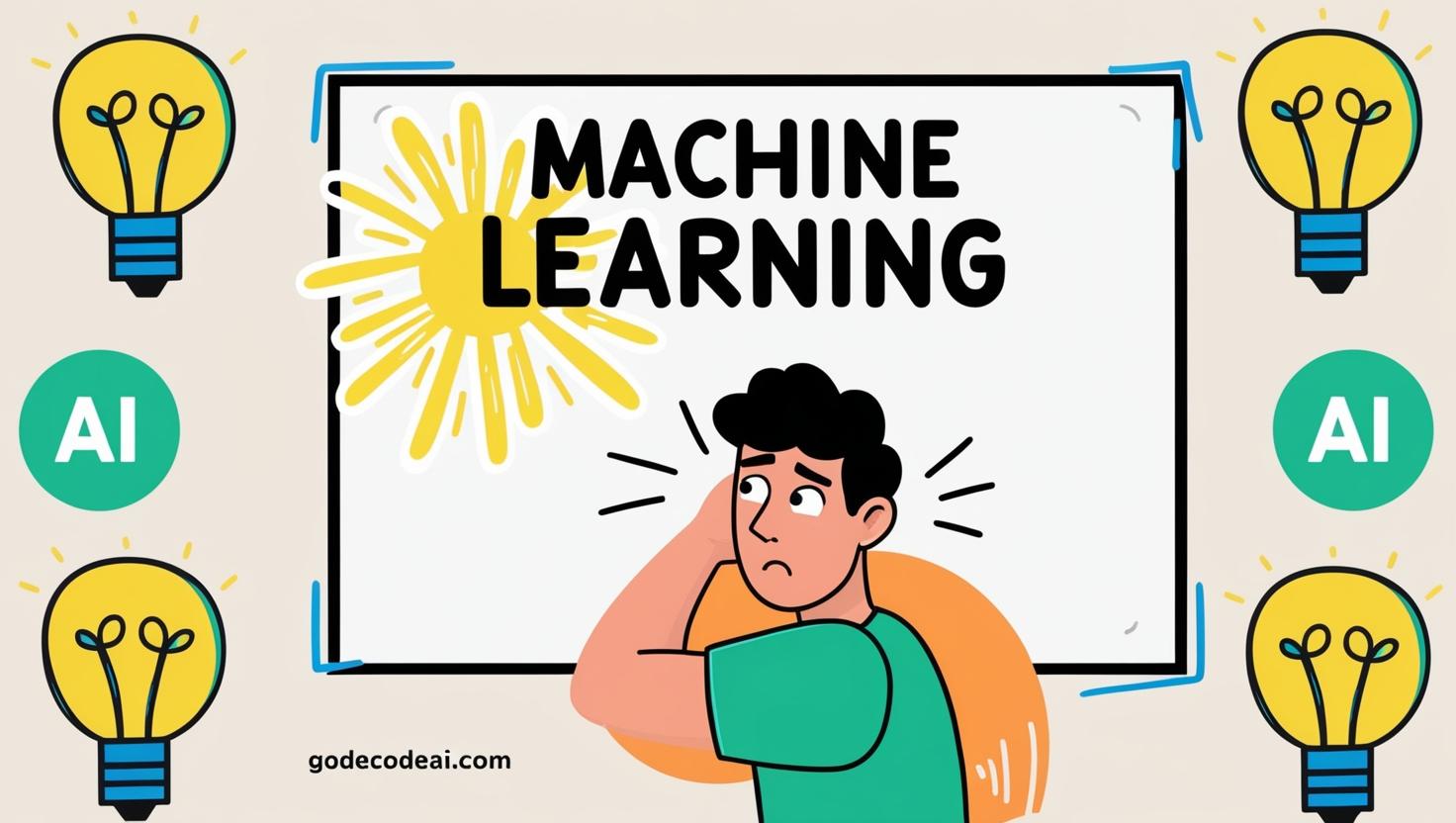 A confused beginner staring at a whiteboard with Machine Learning