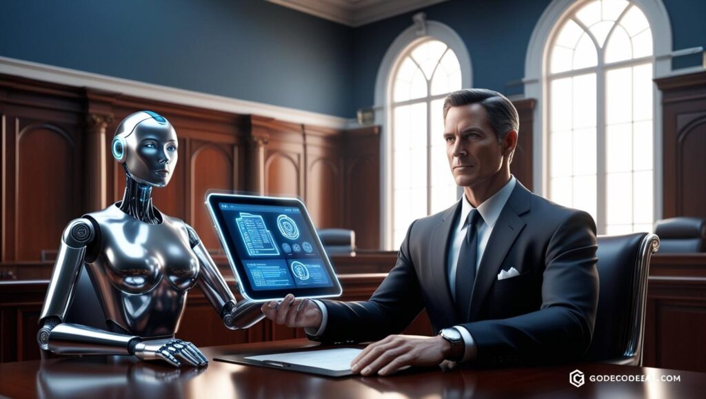 A courtroom with a robotic assistant sitting beside a lawyer, holding digital case files