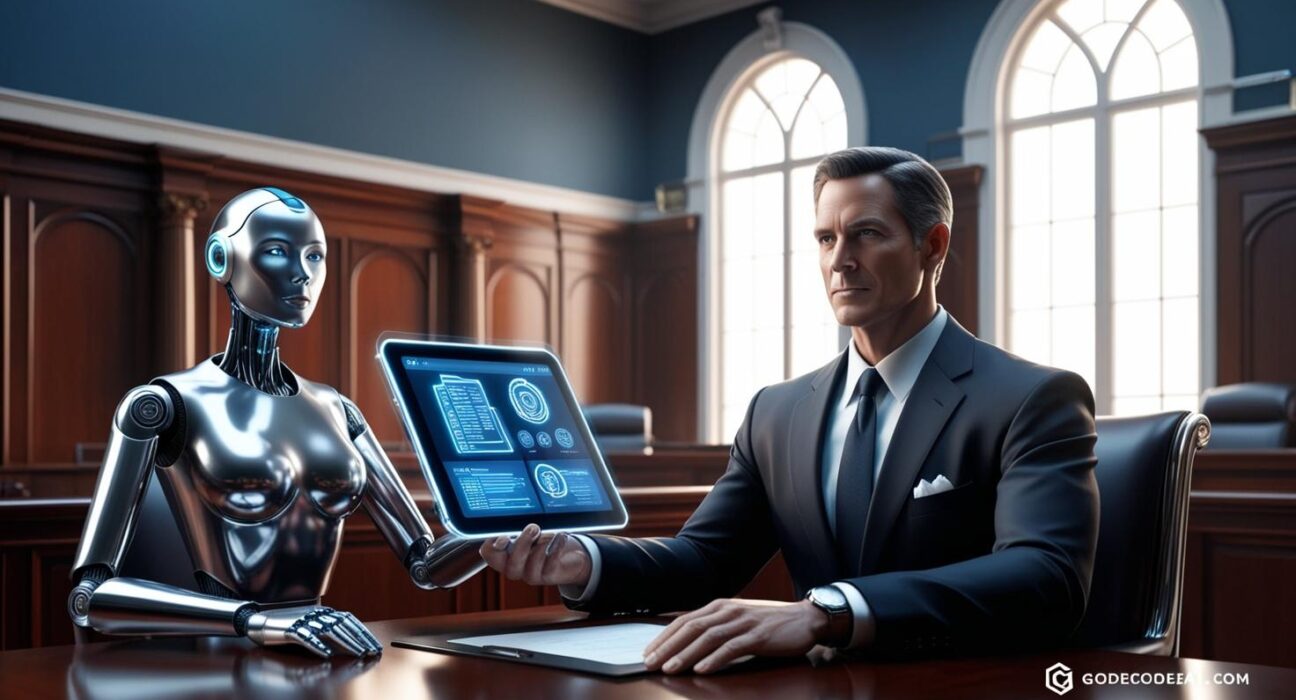 A courtroom with a robotic assistant sitting beside a lawyer, holding digital case files