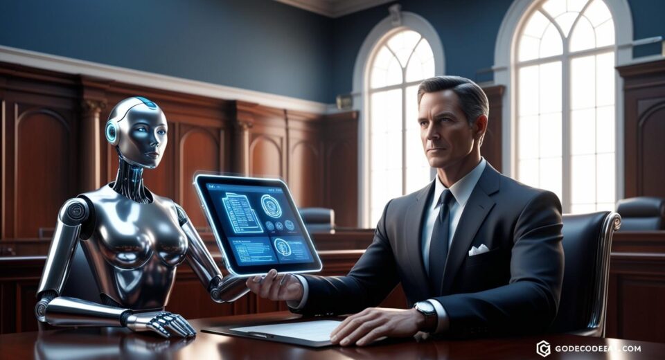 A courtroom with a robotic assistant sitting beside a lawyer, holding digital case files