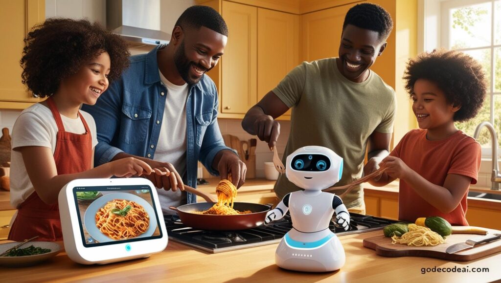 A cozy kitchen with a family cooking alongside a small AI assistant with a recipe display