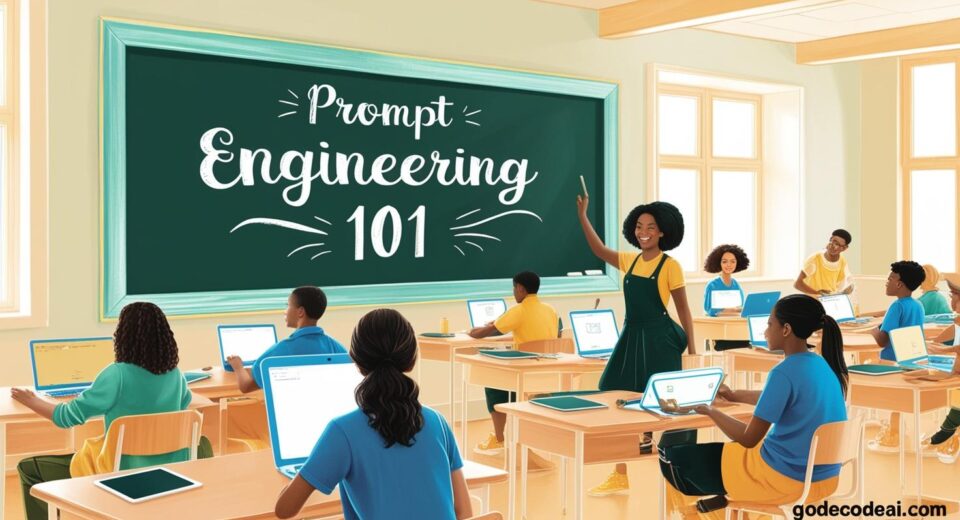 A digital classroom with Prompt Engineering 101 written on a chalkboard