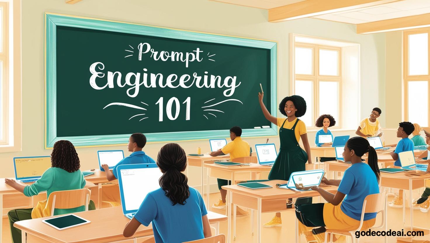 A digital classroom with Prompt Engineering 101 written on a chalkboard