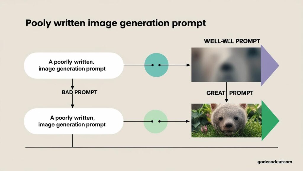 A flowchart showing a bad vs great prompt and their results