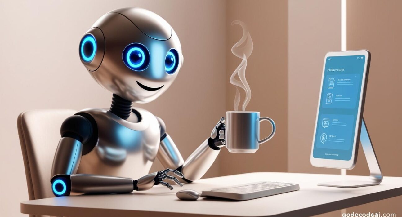 A freelancer's AI assistant —robot with a coffee cup, helping with tasks