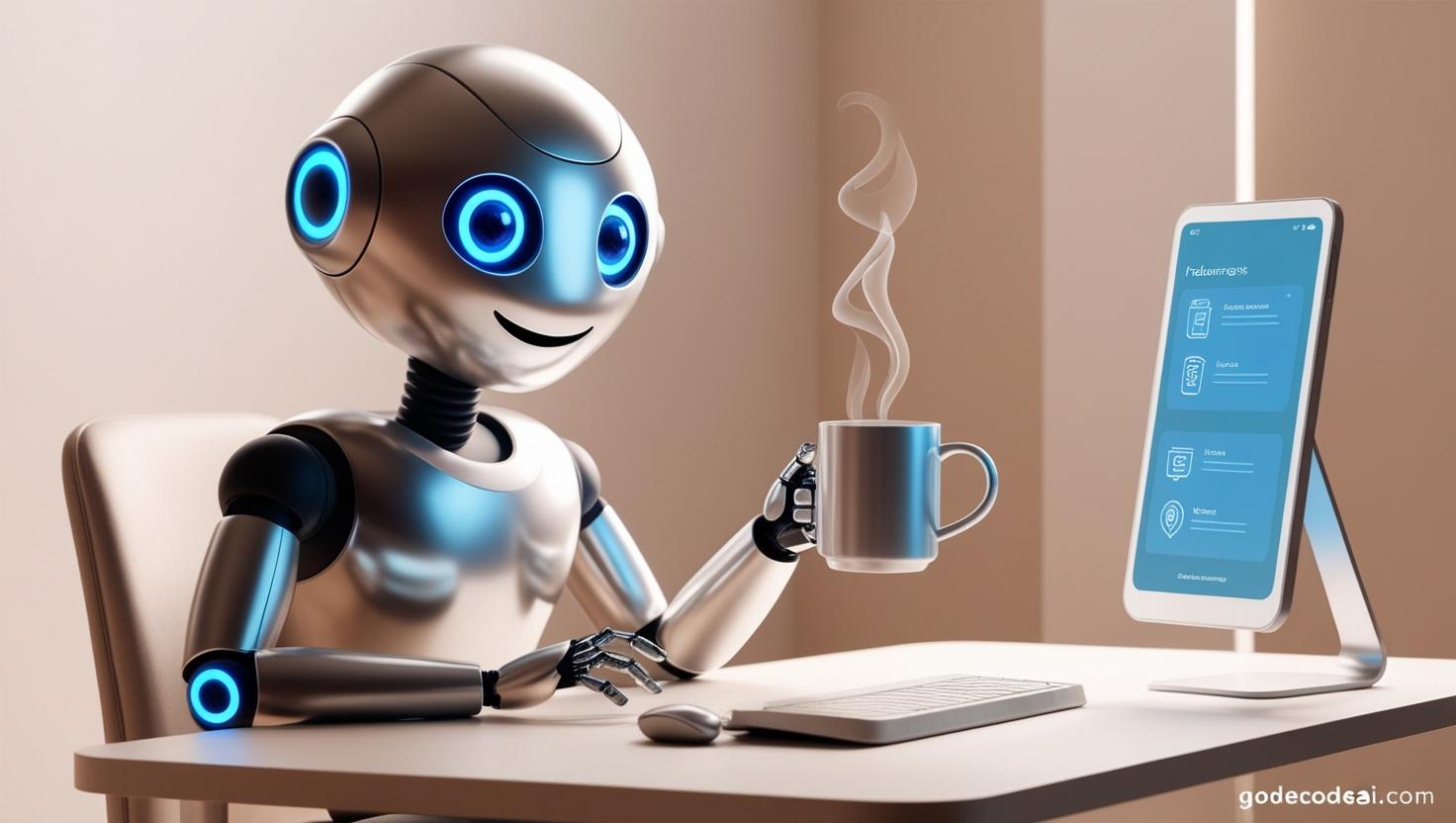 A freelancer's AI assistant —robot with a coffee cup, helping with tasks