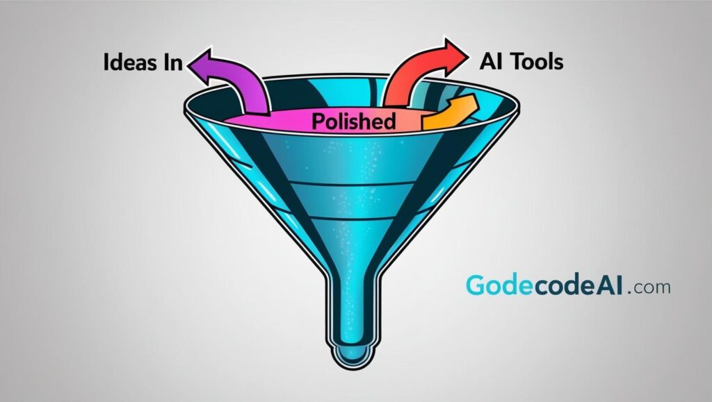 A funnel Ideas in → AI tools → Polished outputs out