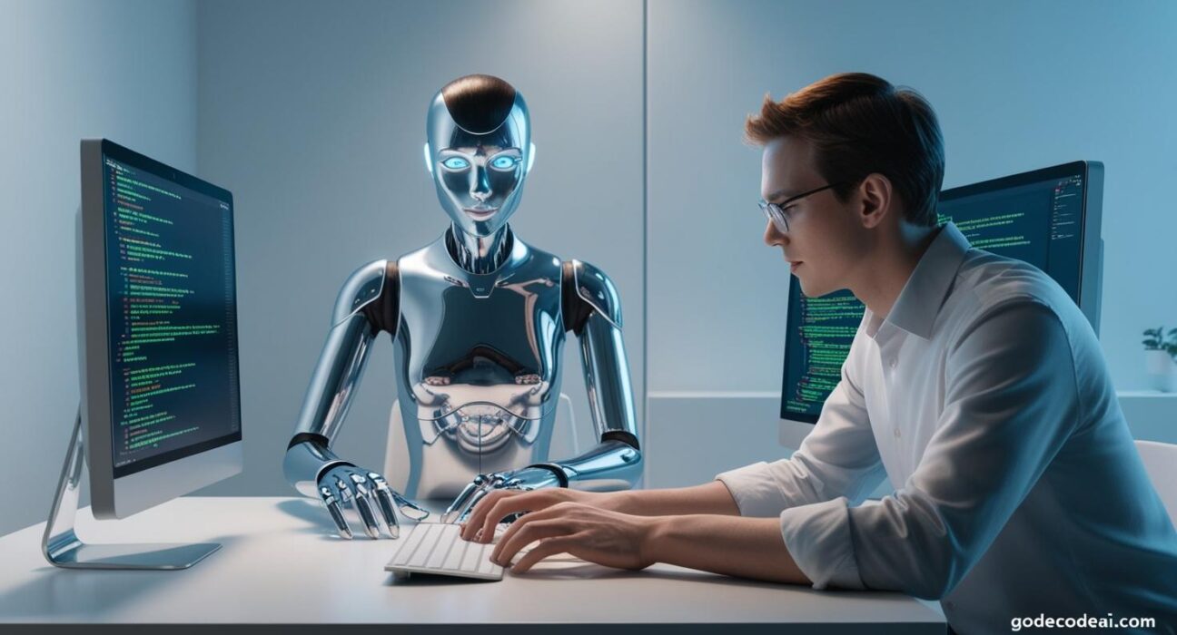 A futuristic AI (Devin) sitting at a desk, coding alongside a human engineer