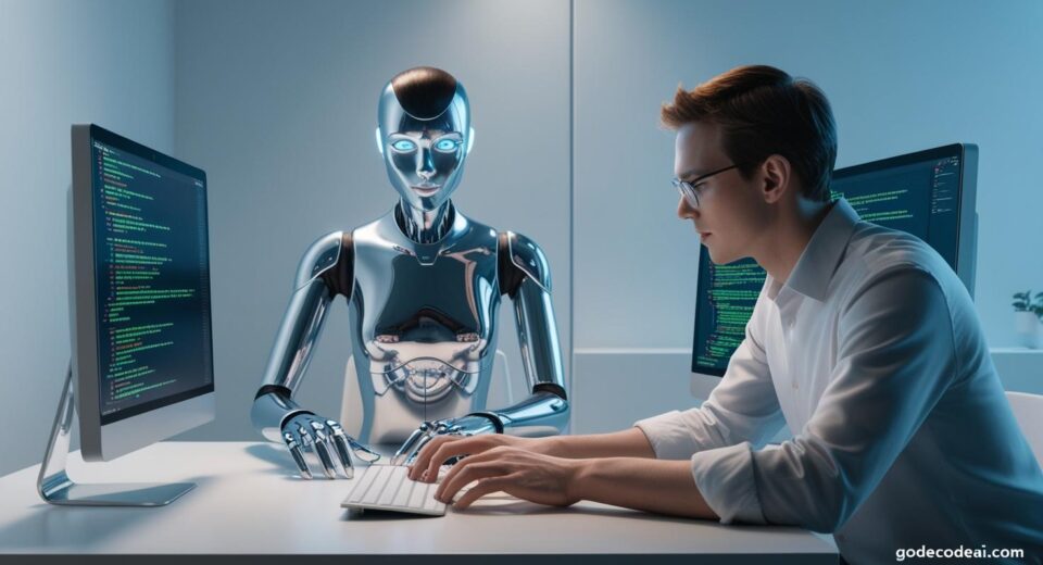 A futuristic AI (Devin) sitting at a desk, coding alongside a human engineer
