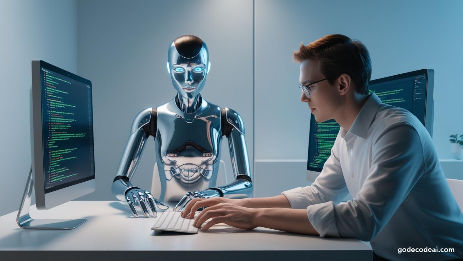 A futuristic AI (Devin) sitting at a desk, coding alongside a human engineer