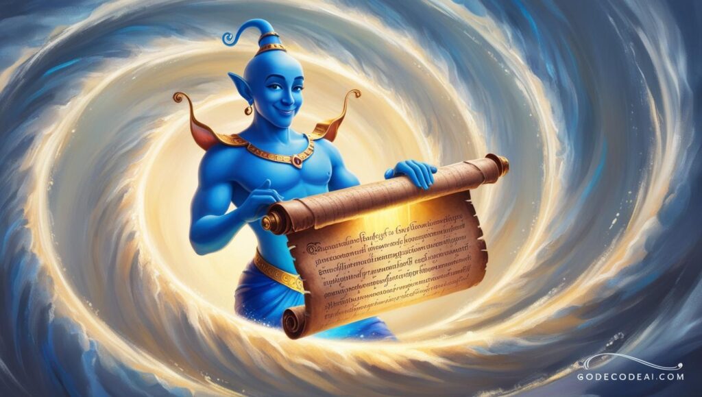 A glowing AI genie responding better when given a detailed prompt scrol