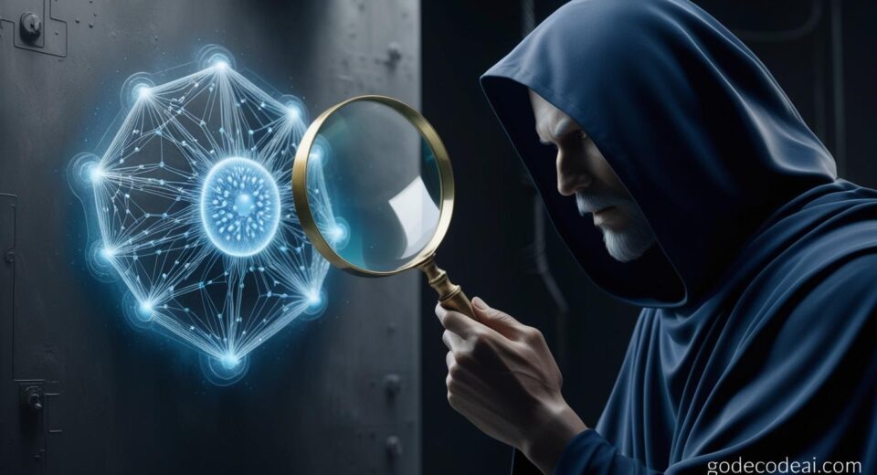 A hooded figure (symbolic, not evil) examining a glowing neural network diagram