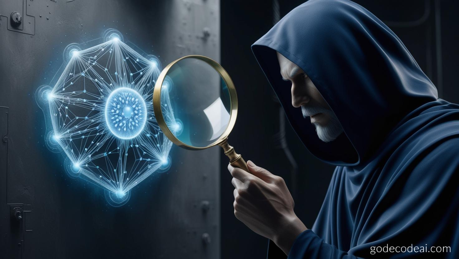 A hooded figure (symbolic, not evil) examining a glowing neural network diagram