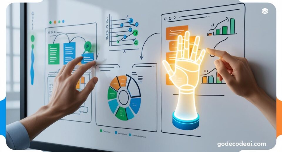 A human and AI hand working on a digital whiteboard together