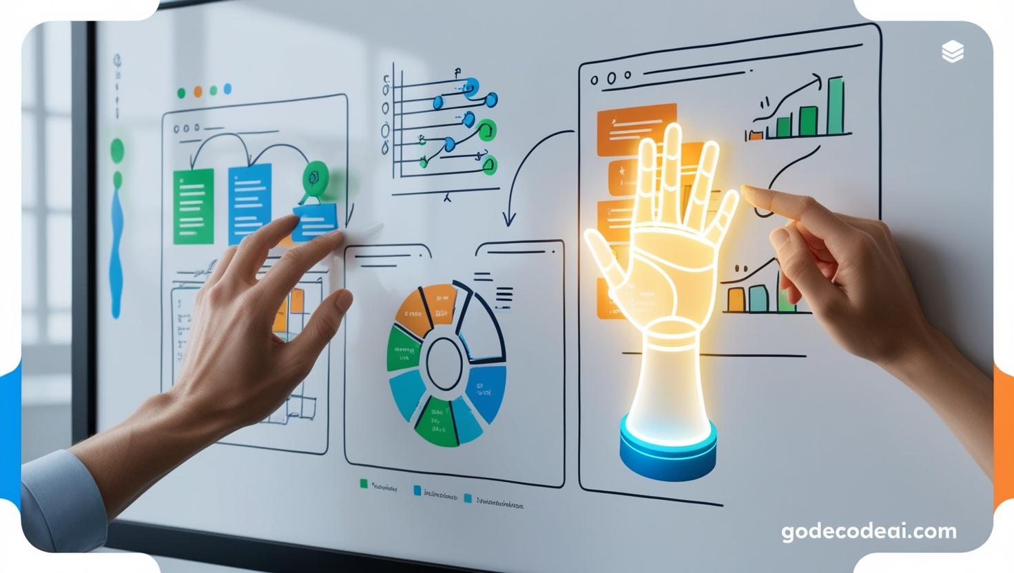 A human and AI hand working on a digital whiteboard together
