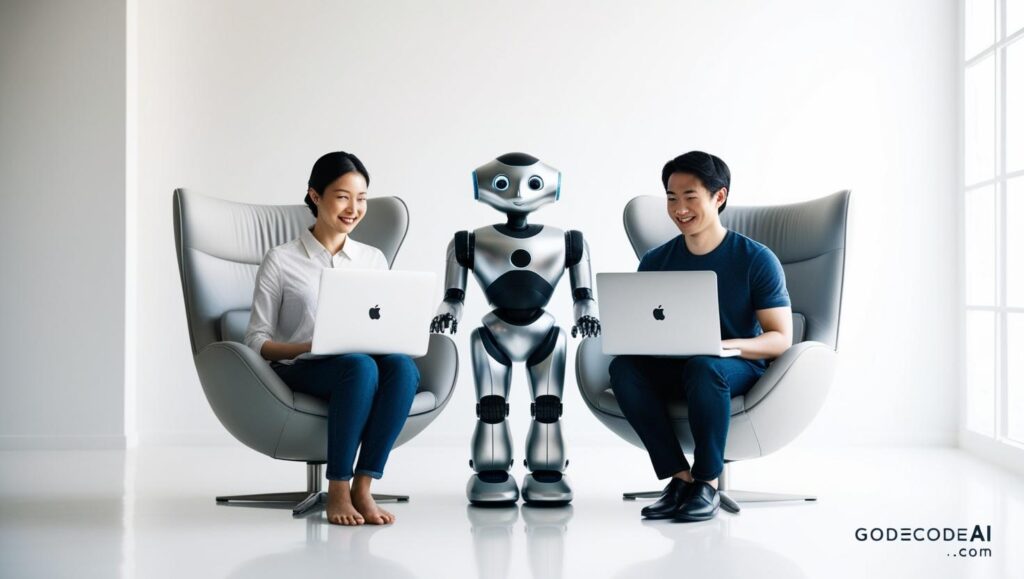 A human and a machine sitting side by side with laptops, “co learning,” symbolizing AI democratization