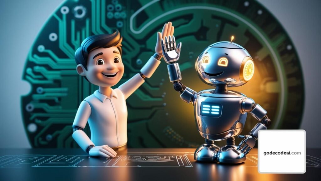 A human and a robot high fiving over a completed project