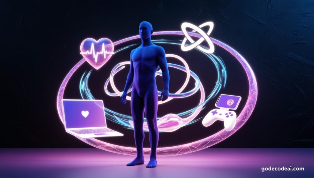 A human silhouette surrounded by holographic AI tools representing all life areas (health, love, work, fun)