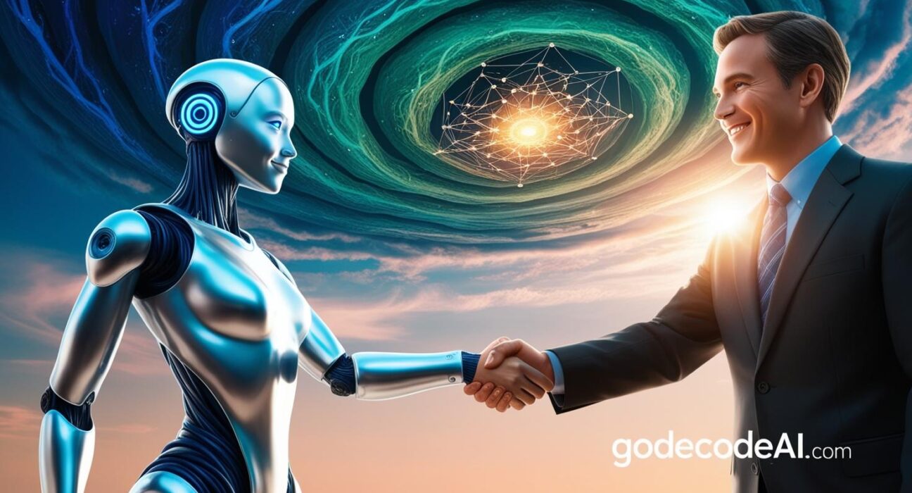“A humanoid AI and human shaking hands under a neural network sky