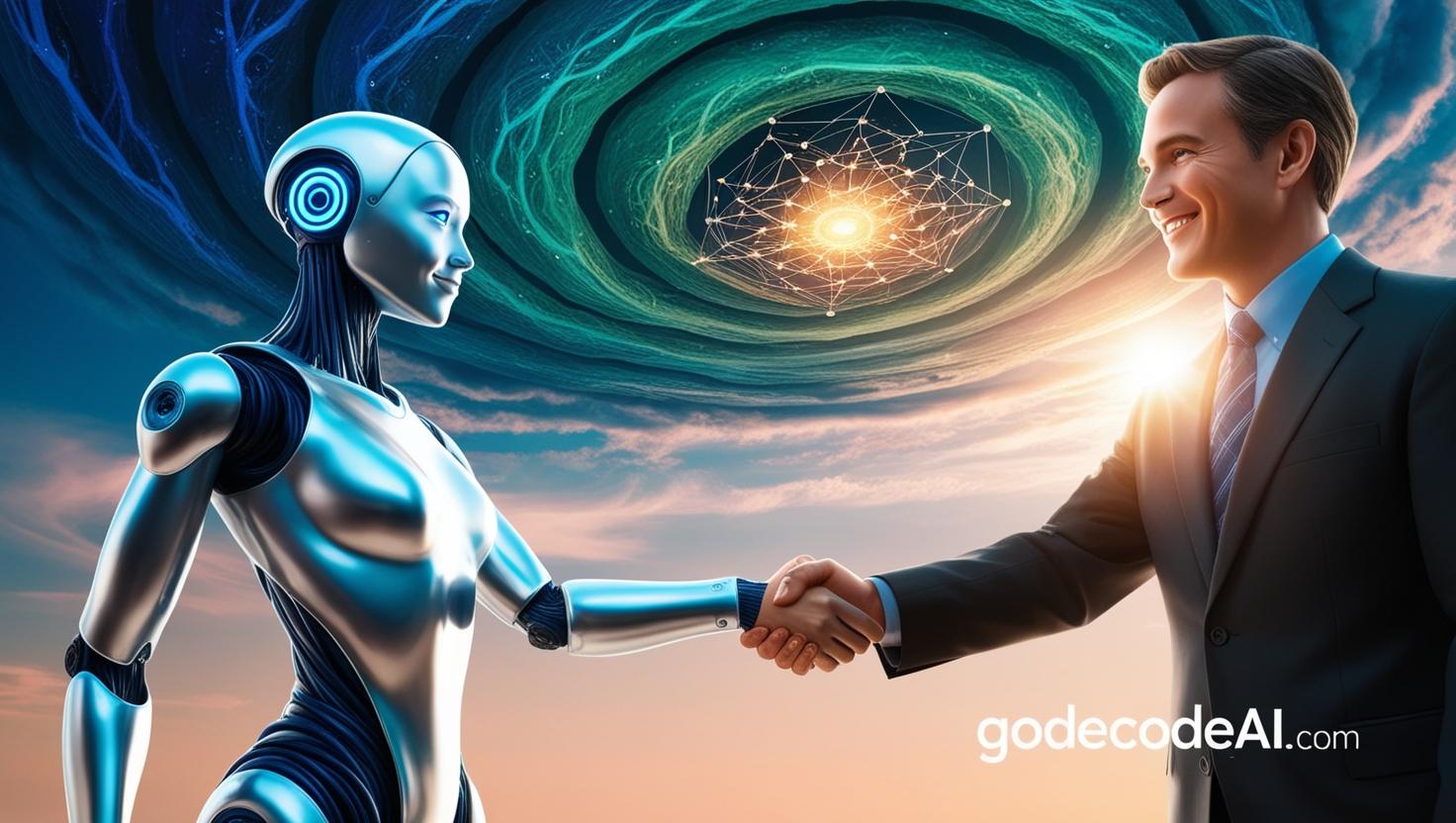 “A humanoid AI and human shaking hands under a neural network sky