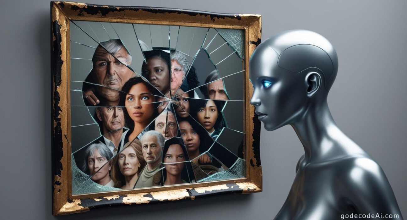 A humanoid AI looking into a cracked mirror, with distorted reflections showing different races and genders