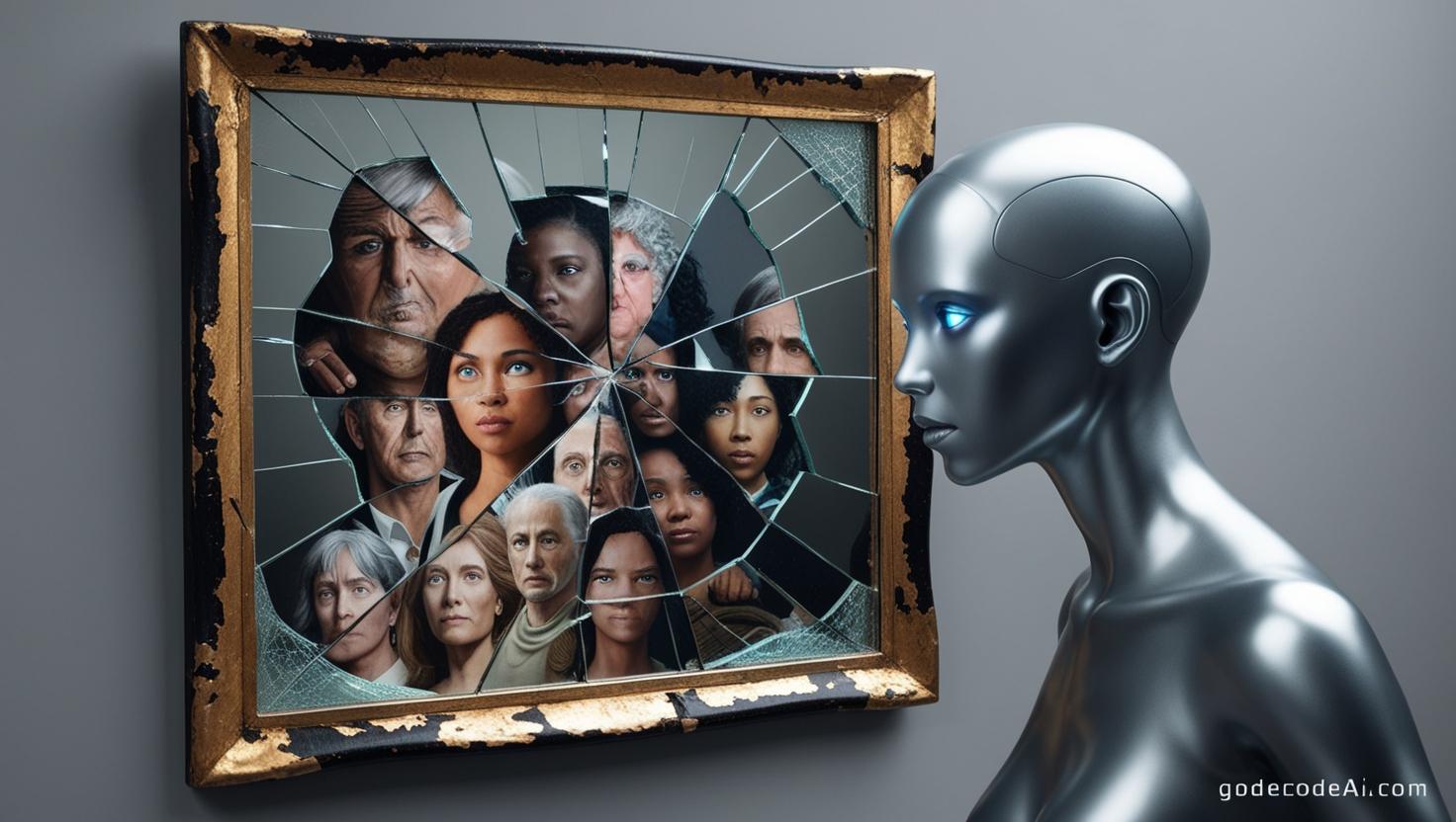 A humanoid AI looking into a cracked mirror, with distorted reflections showing different races and genders