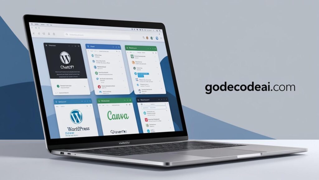 A laptop screen with tabs open to ChatGPT, WordPress, Canva, and ConvertKit.