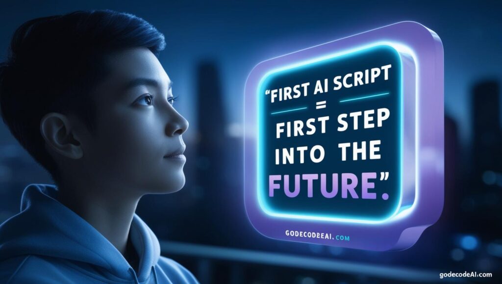 A motivational image “First AI Script = First Step Into the Future”