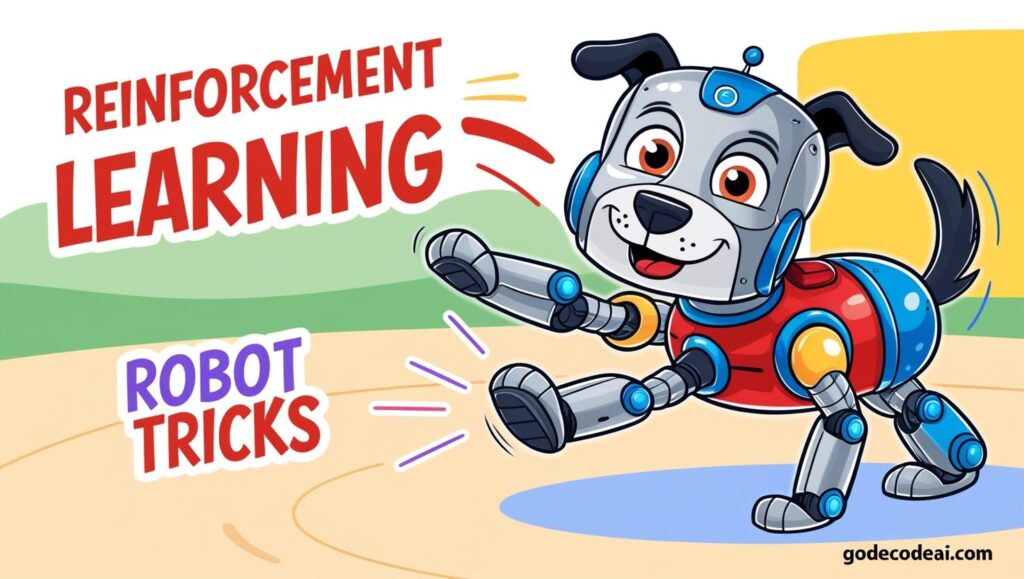 A playful illustration of a robot dog learning tricks (representing reinforcement learning)