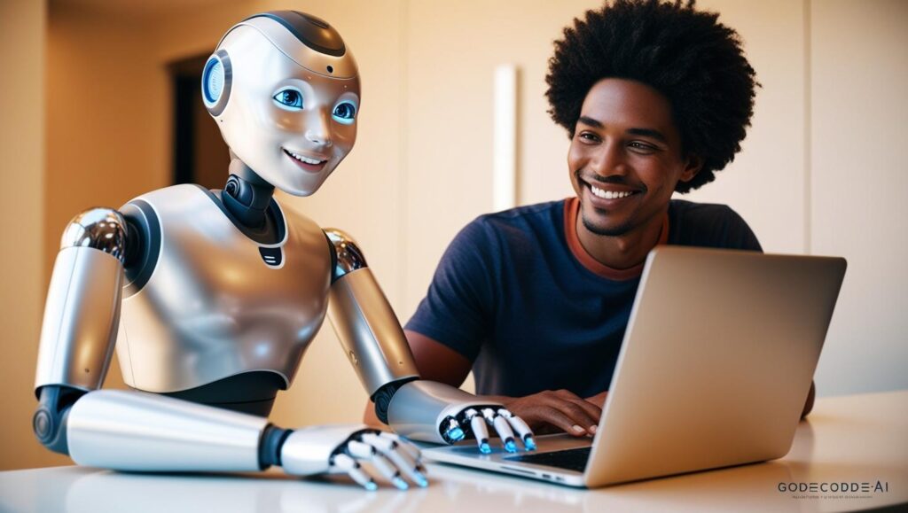 A robot and a human writing content together at a laptop