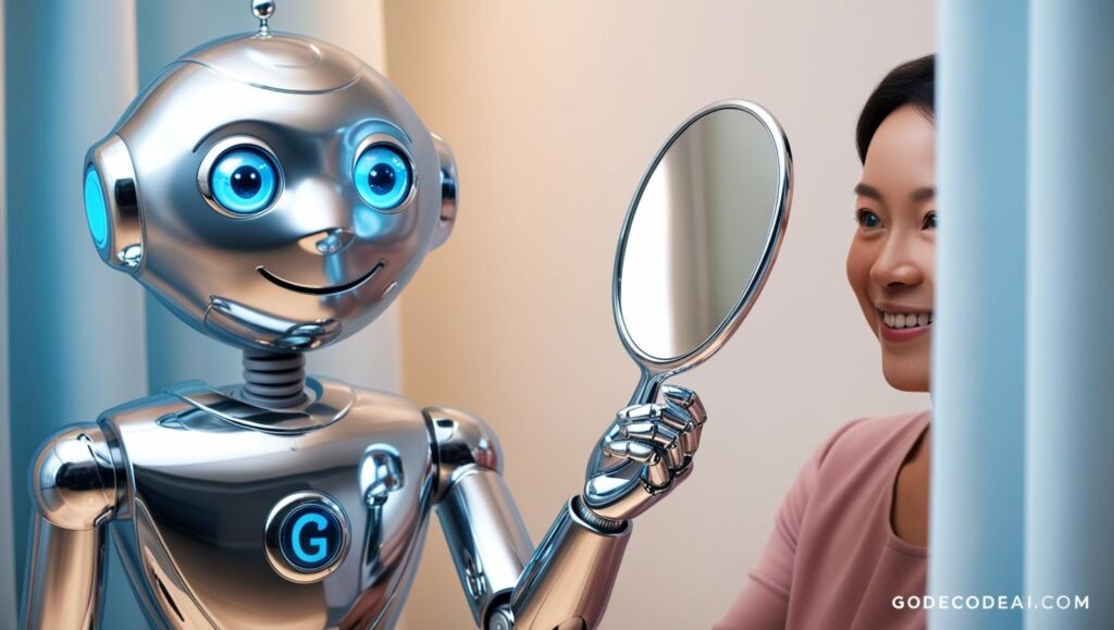 A robot handing a human a mirror