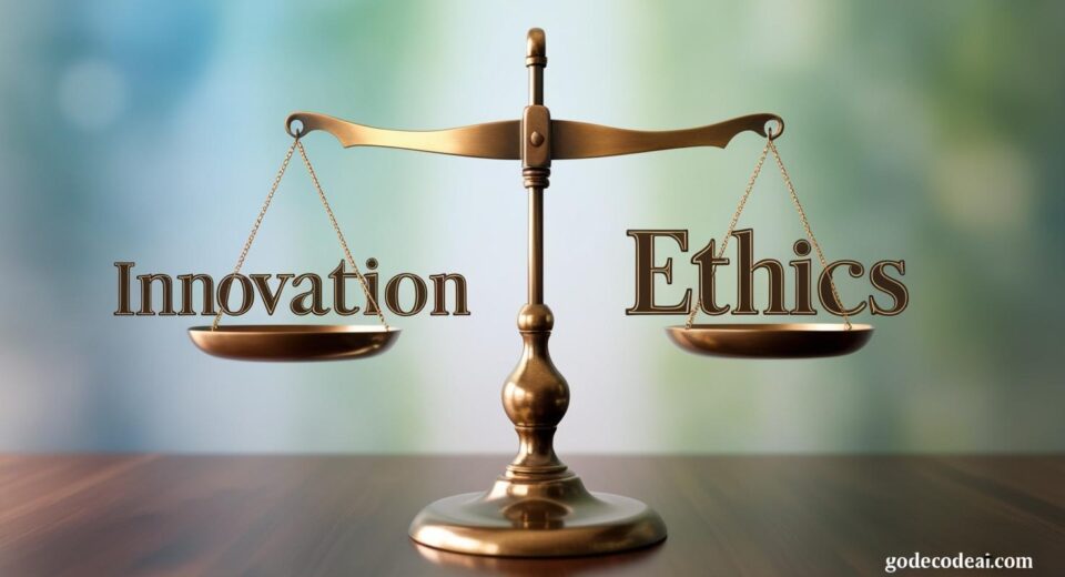 A scale balancing “Innovation” on one side and “Ethics” on the other