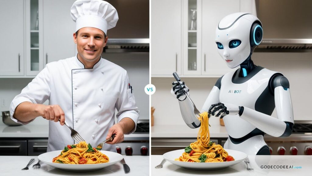 A side by side image of a human chef and AI bot preparing the same dish