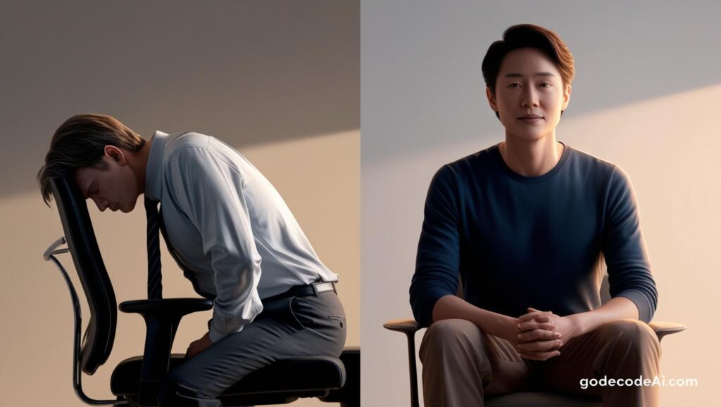 A side by side of a tired worker and a calm AI assisted creator
