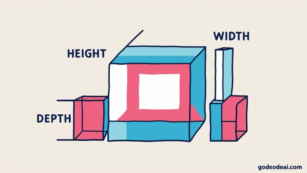 “A simple 3D vector with labels height, width, depth — cartoon style
