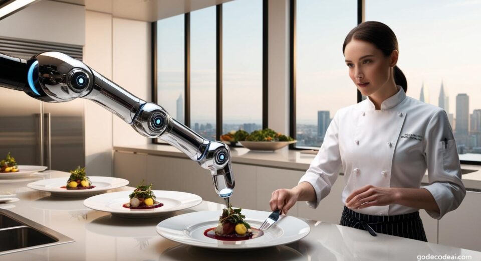 A sleek robotic arm plating gourmet food under the supervision of a chef in a modern kitchen