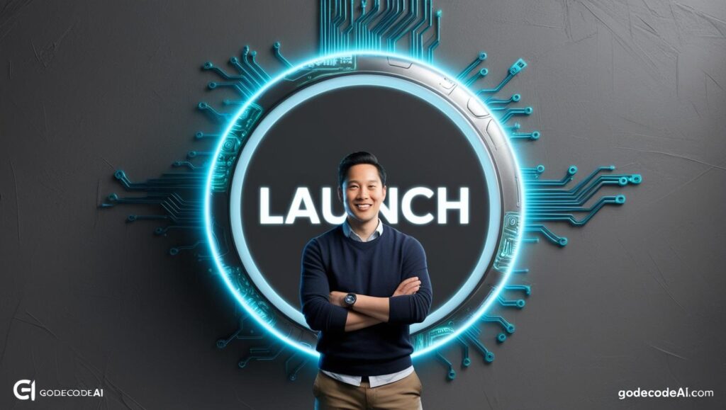 A solo creator standing in front of a glowing “LAUNCH” button, powered by AI circuits