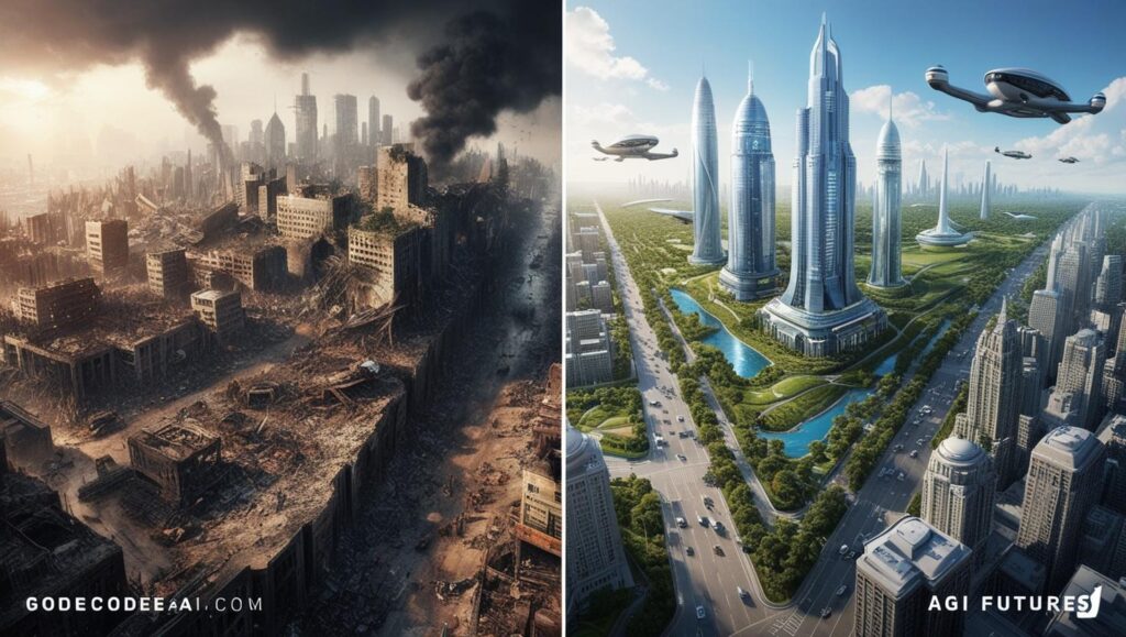 “A split screen chaotic world vs utopia—captioned AGI futures