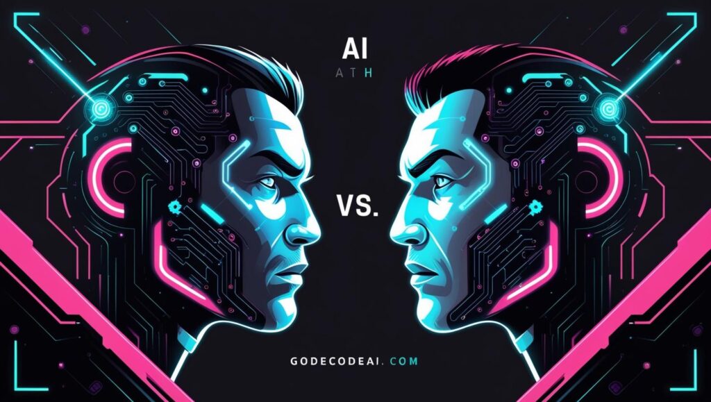 A stylized “AI face off” poster—like a tech version of a boxing match
