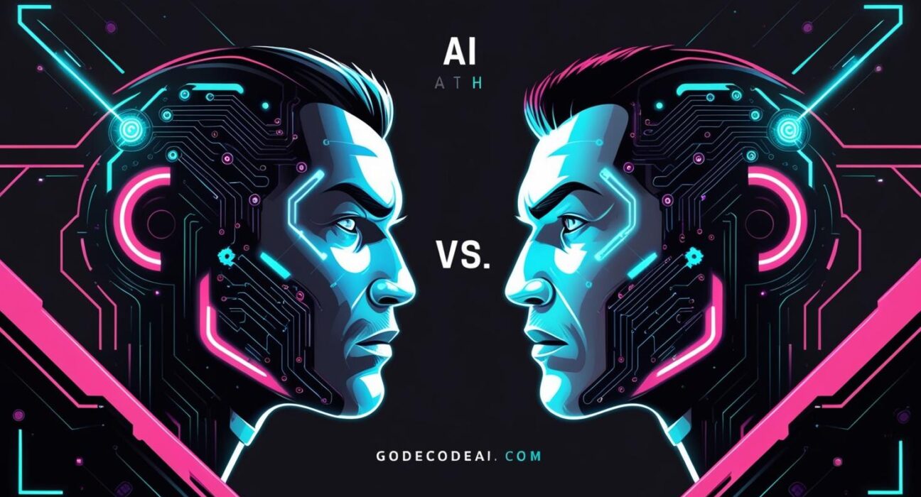 A stylized “AI face off” poster—like a tech version of a boxing match