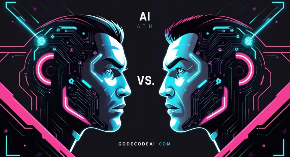 A stylized “AI face off” poster—like a tech version of a boxing match