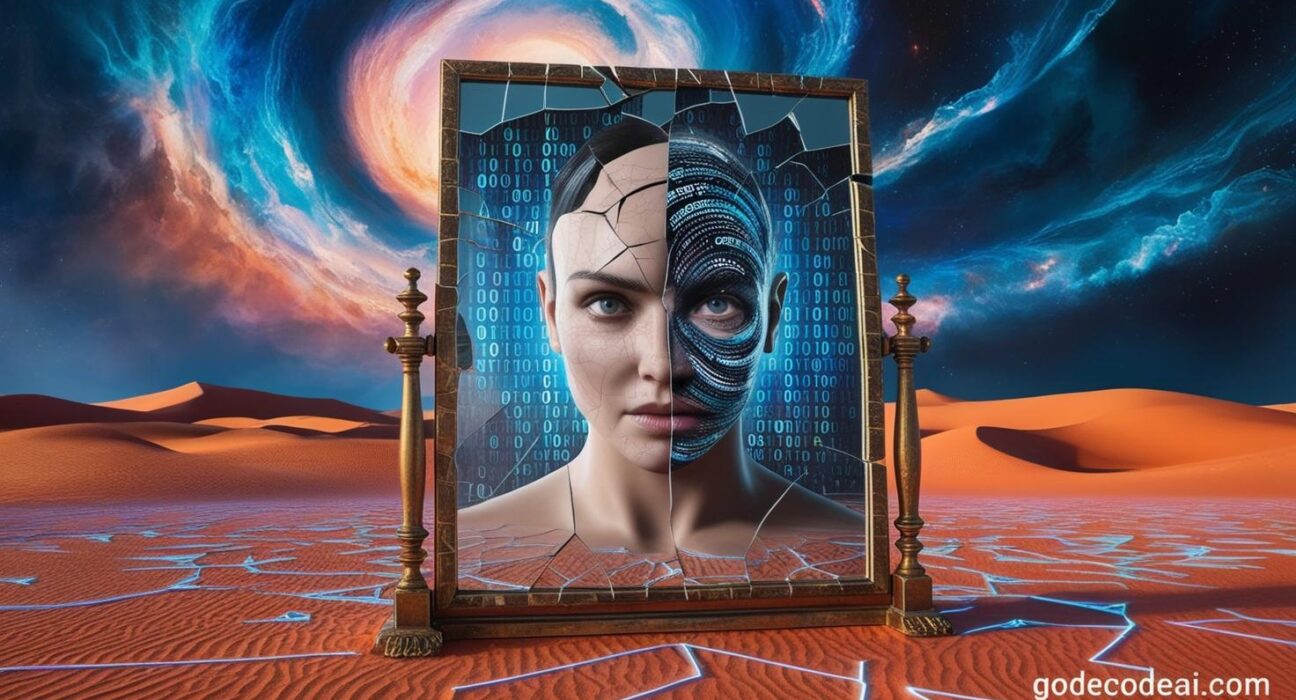 A surreal mirror in the middle of a digital desert, reflecting a human face made of data