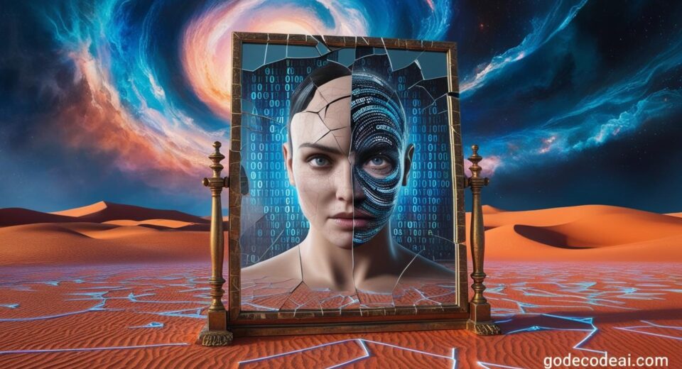 A surreal mirror in the middle of a digital desert, reflecting a human face made of data