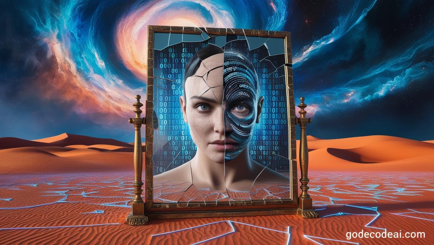 A surreal mirror in the middle of a digital desert, reflecting a human face made of data