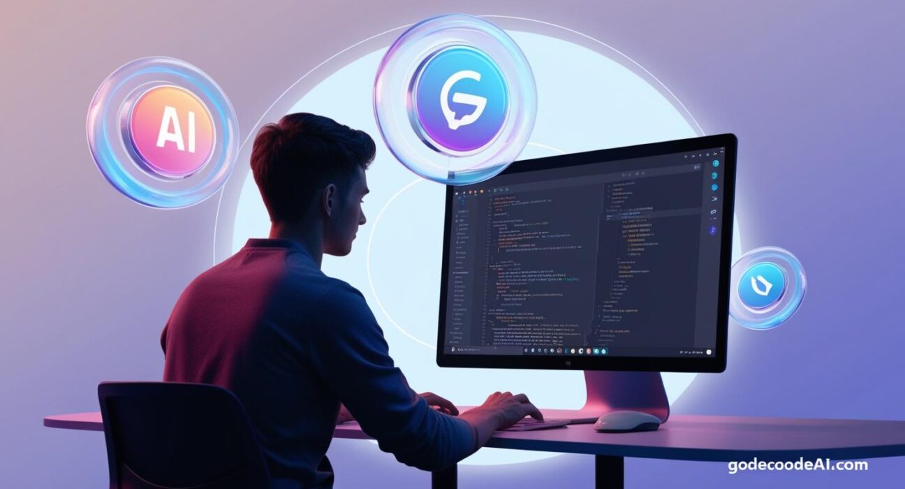 A time lapse of a solo creator building a website with floating AI icons