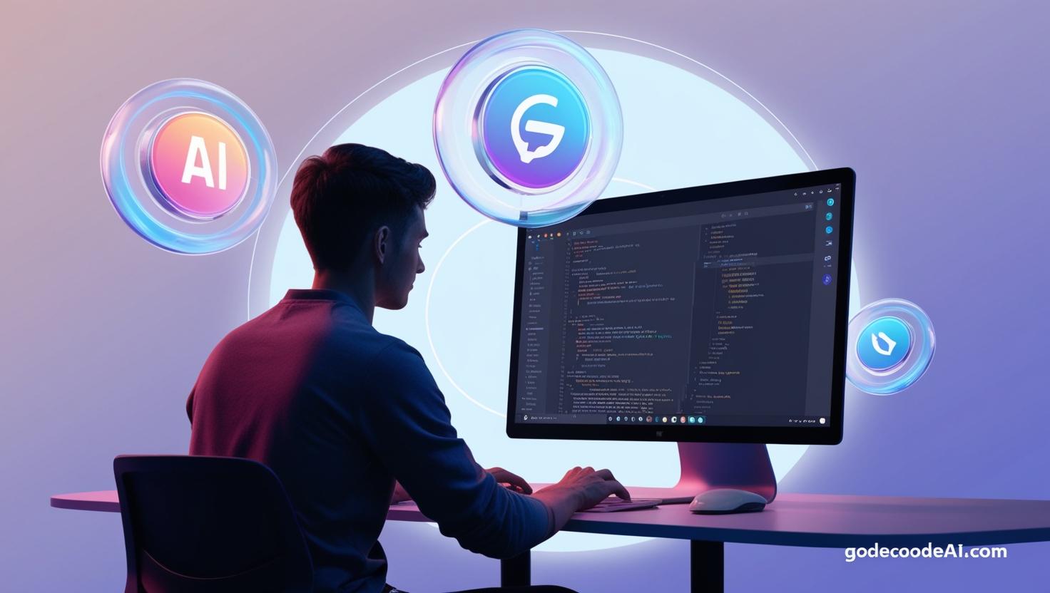 A time lapse of a solo creator building a website with floating AI icons